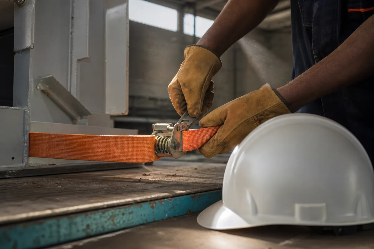Mains gantees ajustant une sangle de securite sur une structure metallique dans un atelier lumineux