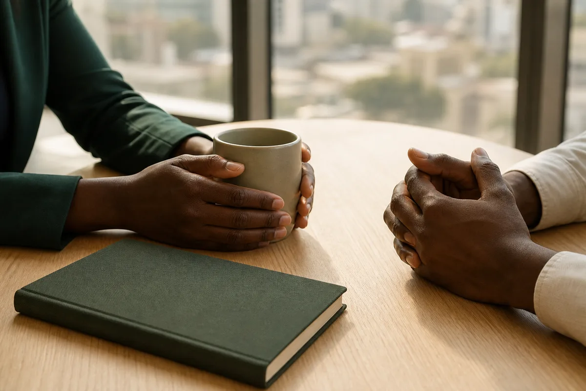 Deux mains posees de part et d autre d une tasse sur une table de reunion claire