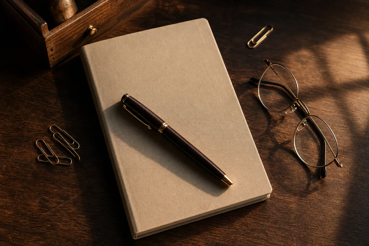Stylo pose sur un carnet ferme a cote d une paire de lunettes sur un plan de travail