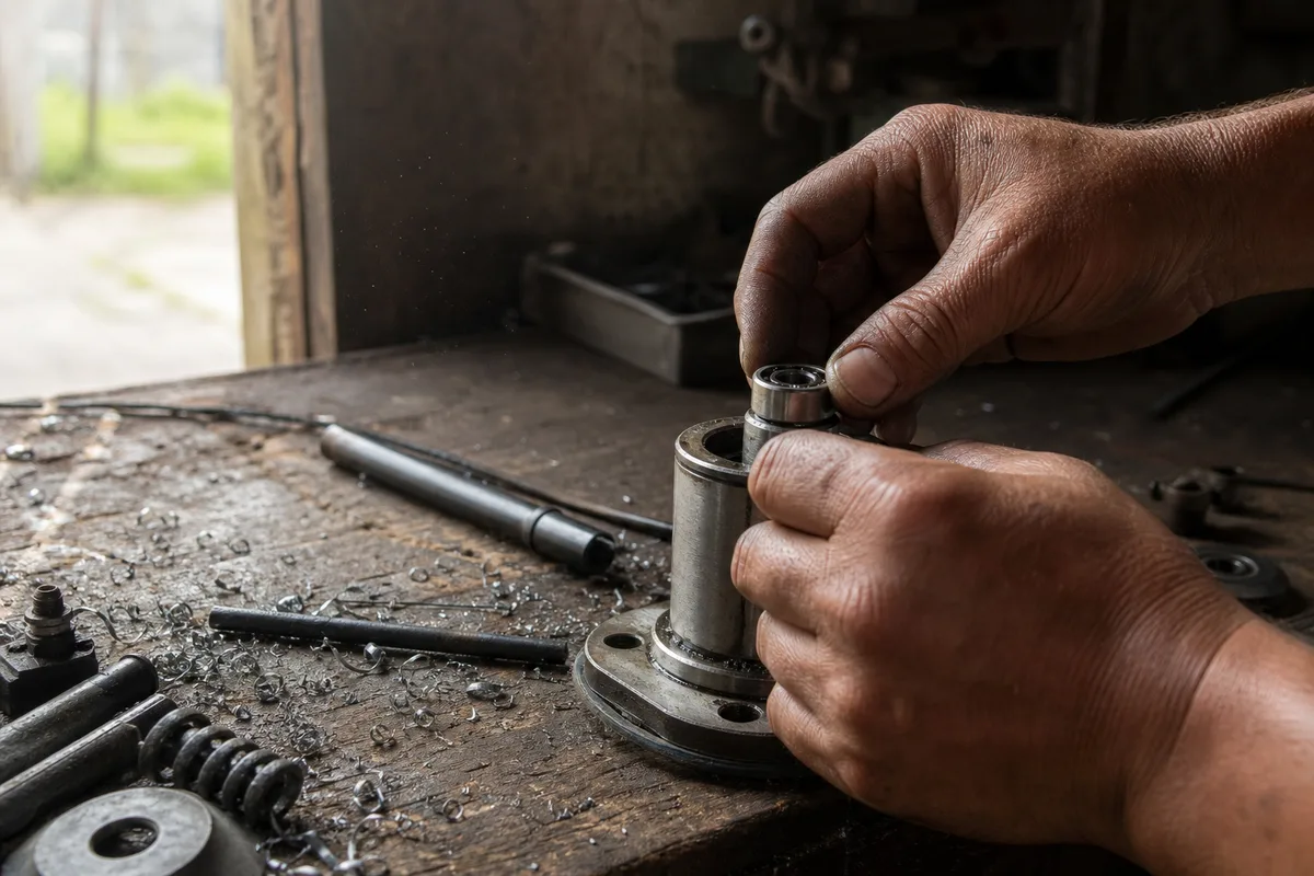 Mains d artisan ajustant un mécanisme métallique dans un atelier lumineux