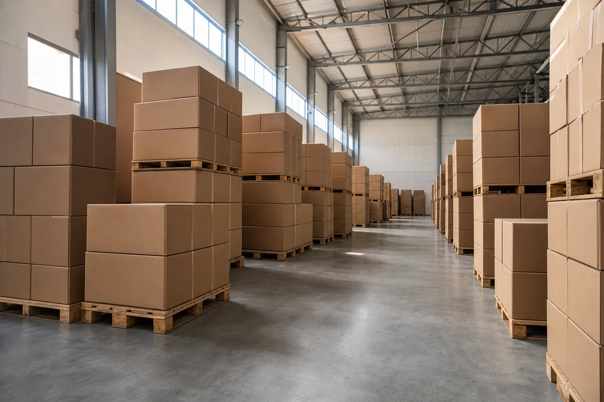 Entrepot logistique avec cartons empiles sur des palettes en bois, lumiere naturelle
