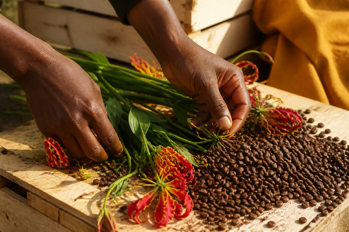 Mains disposant des fleurs coupées et des grains de café sur un étal de boutique en bois