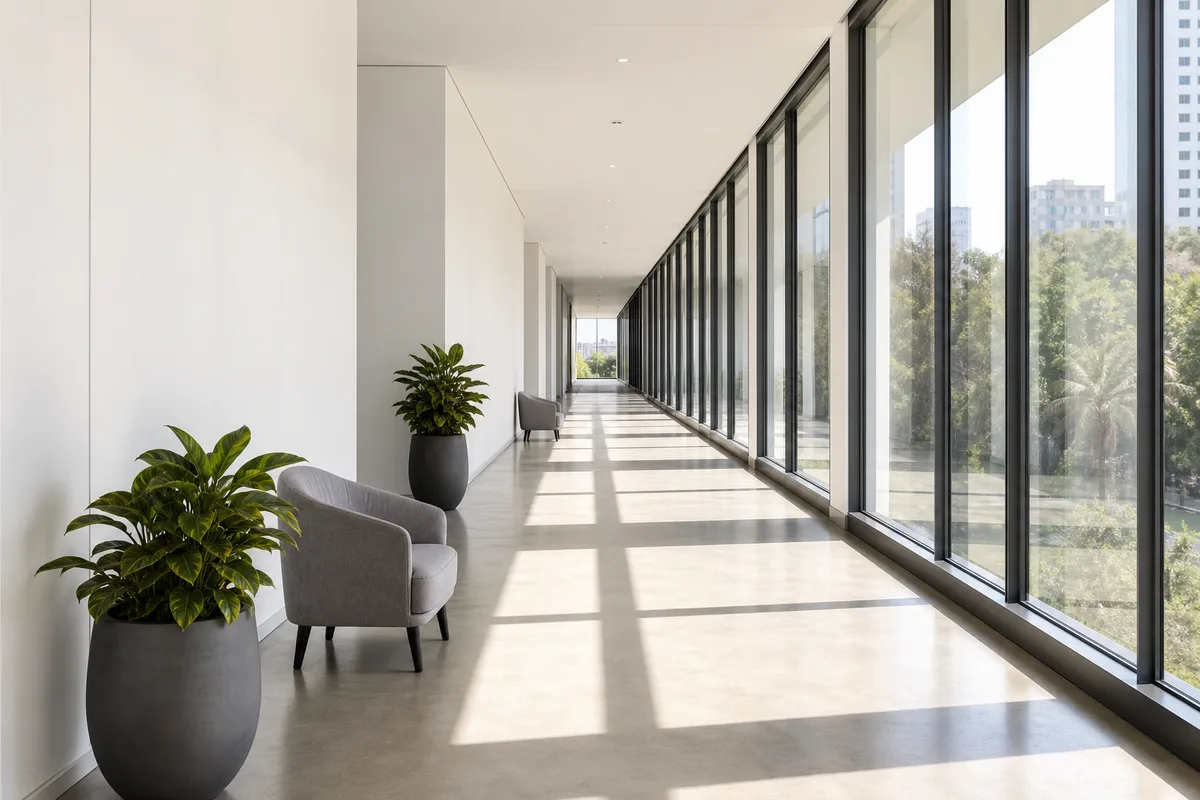 Couloir clair et vide d’un bâtiment professionnel moderne à Nairobi avec plantes en pot et lumière traversante