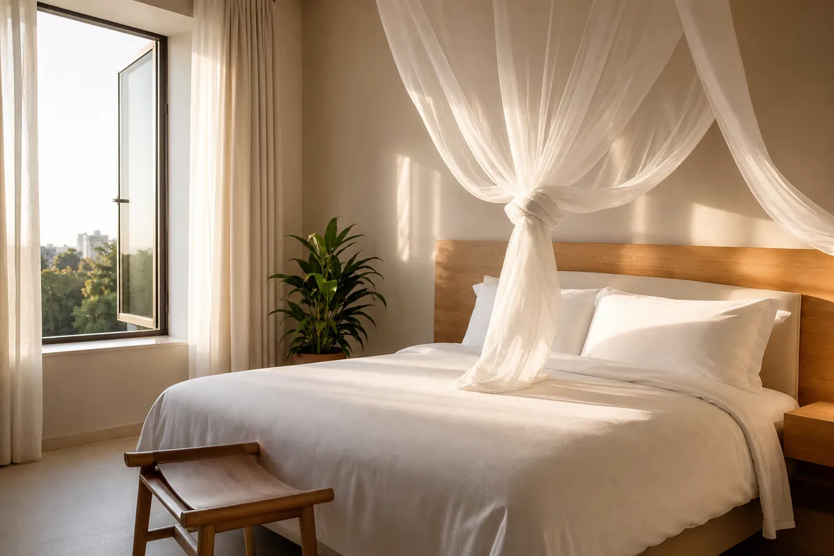 Moustiquaire blanche nouée au-dessus d’un lit dans une chambre d’hôtel à Nairobi en fin de journée