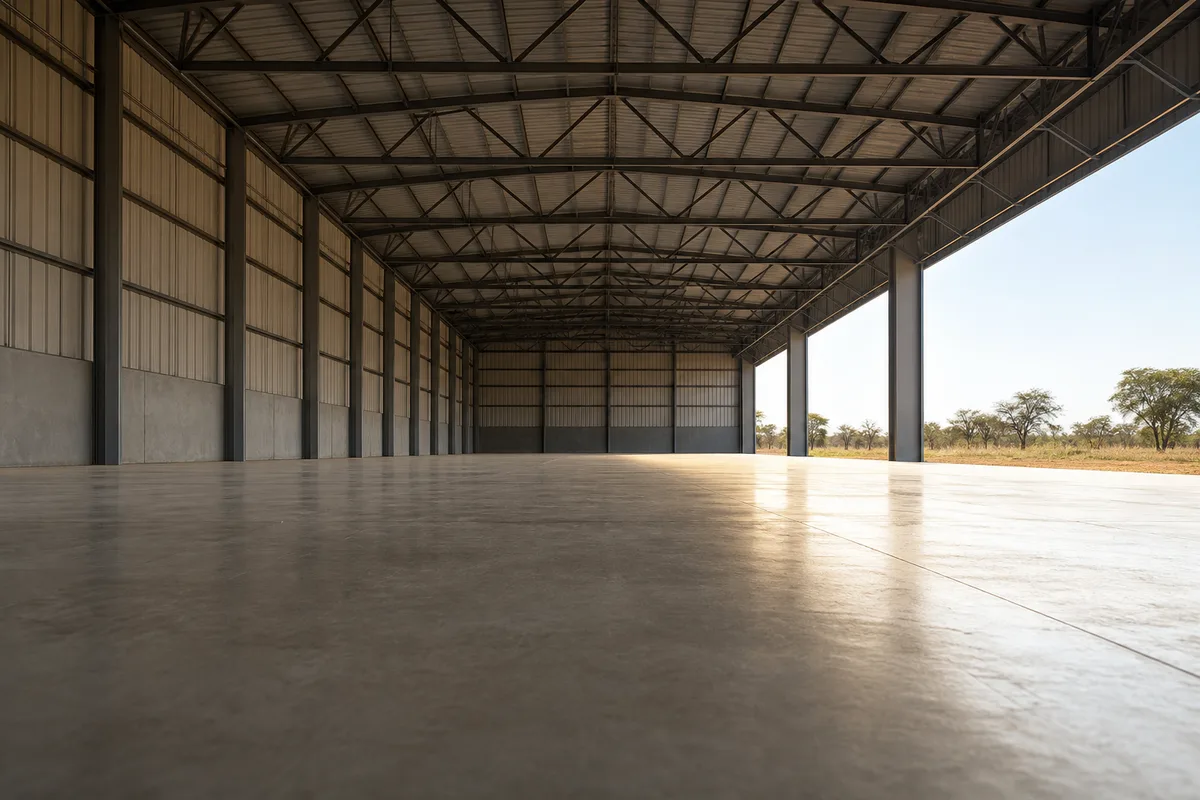 Halle industrielle vide dans une zone franche kenyane, structure metallique et lumiere naturelle