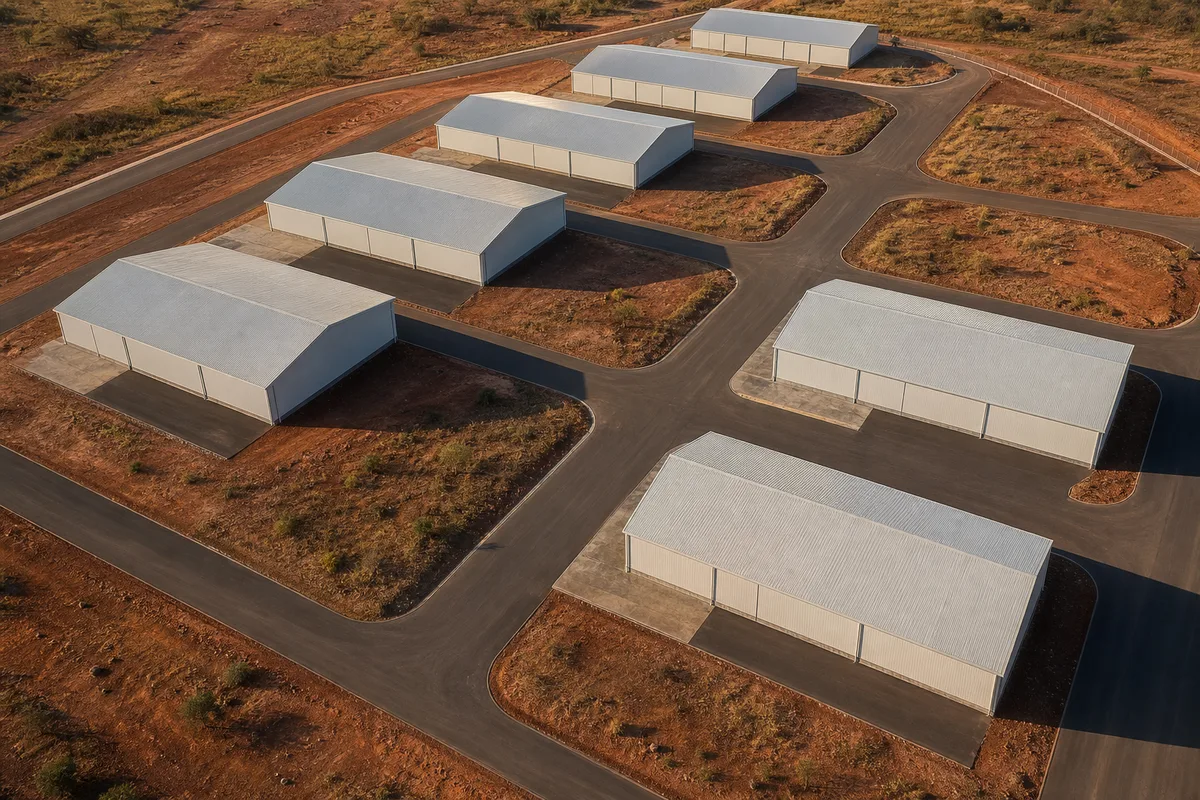 Vue aerienne d une zone industrielle kenyane, toitures d entrepots et voies de desserte, lumiere de fin d apres-midi