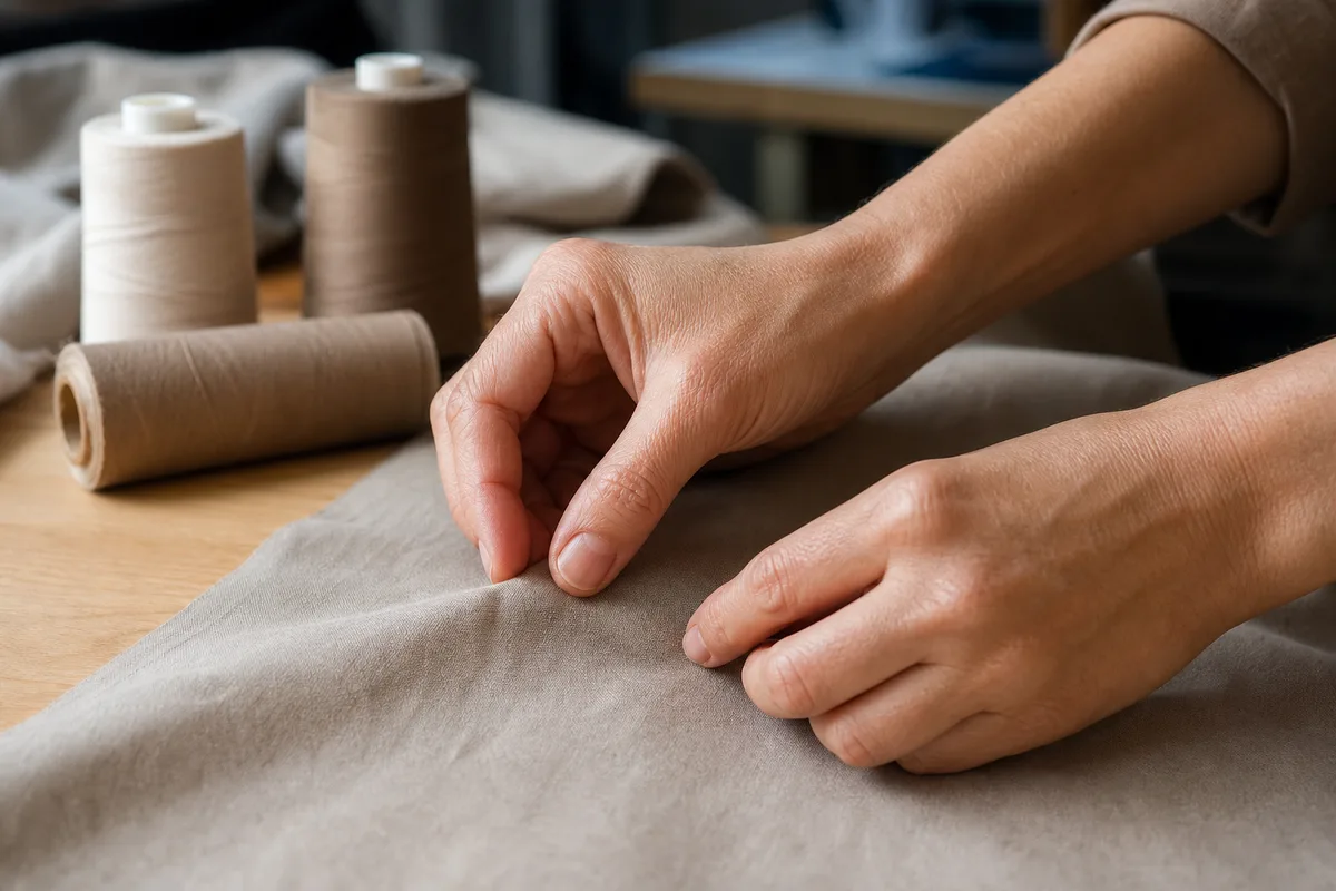 Mains d ouvriere ajustant une piece de tissu sur un plan de travail en atelier, lumiere naturelle laterale